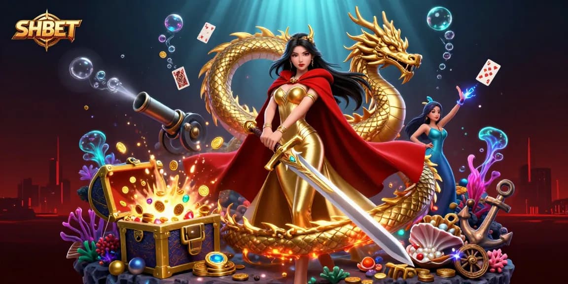 Experience the thrilling casino atmosphere at SHBET with dynamic playing cards and golden treasures.