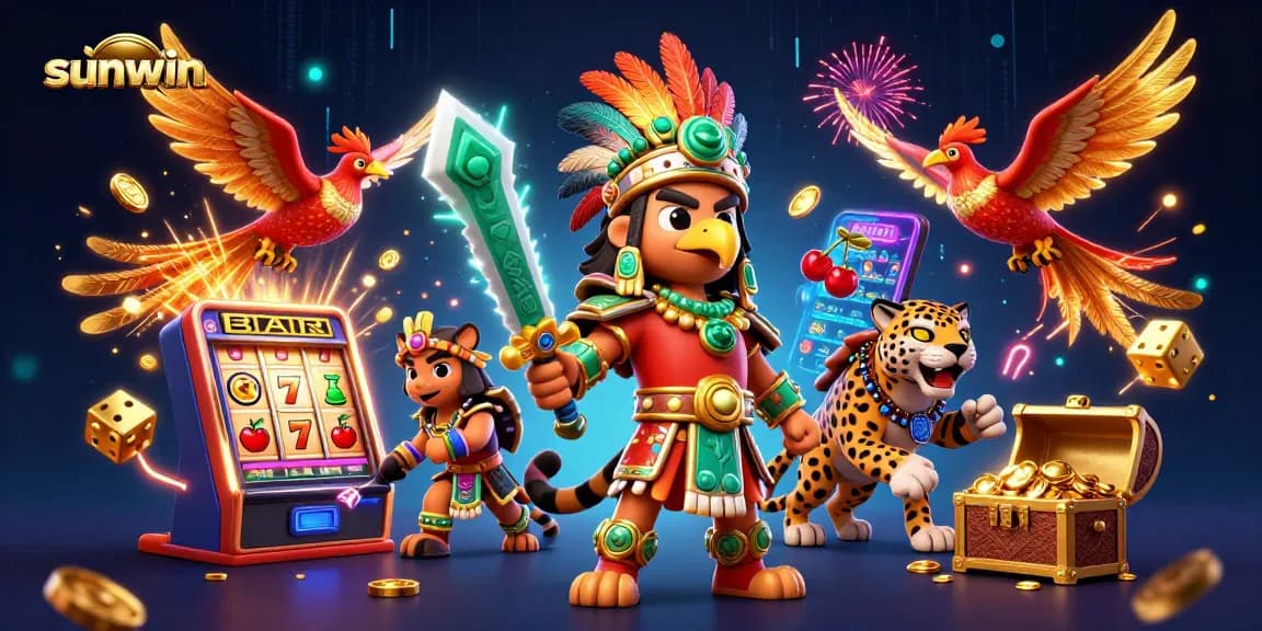 Sunwin jackpot slot adventure with Aztec warriors, jaguar, and casino elements bursting with excitement.