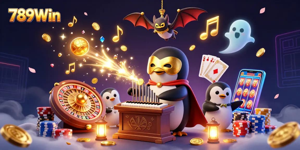 Experience thrilling games at 789Win with lively scenes of a penguin playing organ and golden coins cascading.