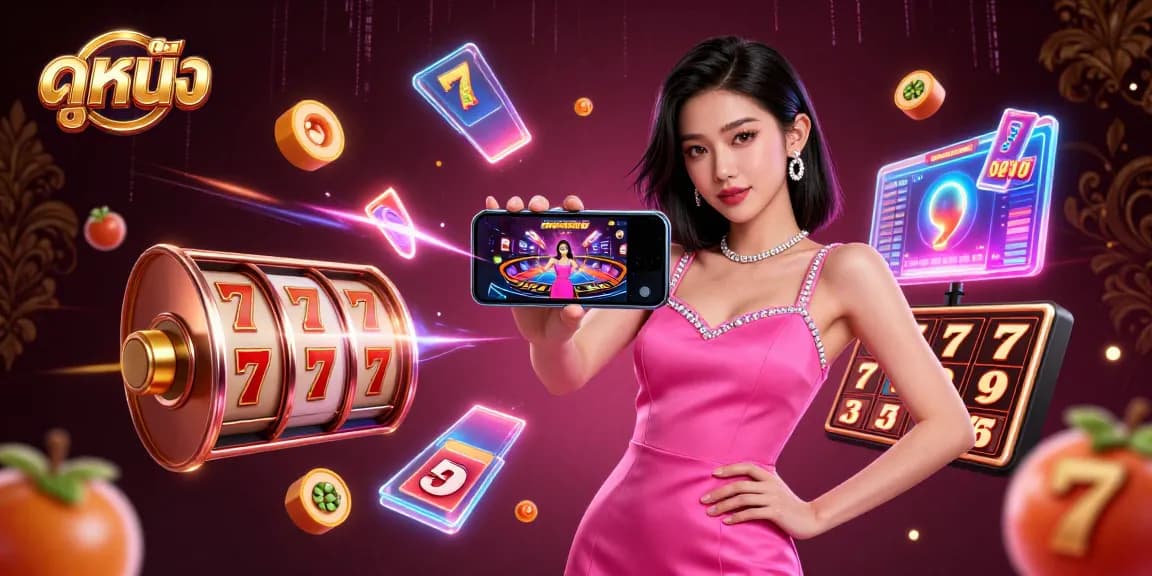 ดูหนัง with stunning Asian woman engaging in a live dealer casino game on her smartphone while surrounded by dynamic slot machine elements.