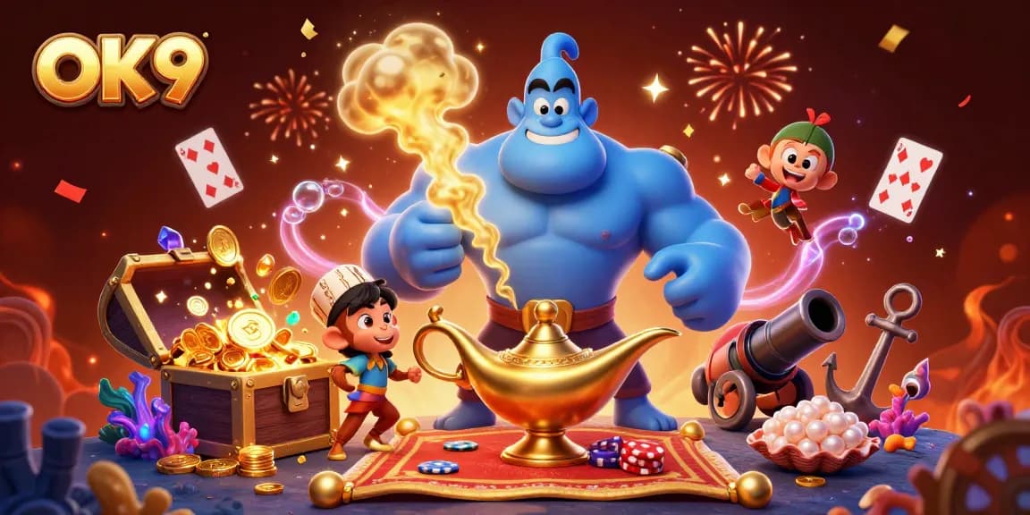 Engage with OK9's thrilling casino experience featuring a genie, magic carpet, and poker chips.