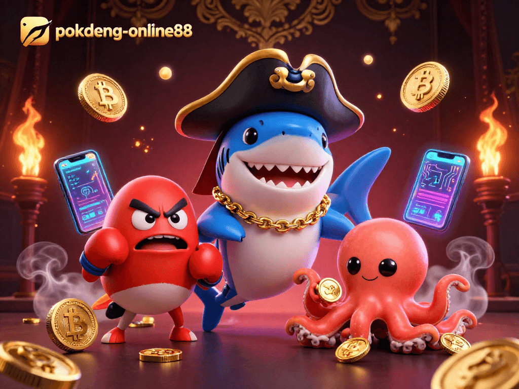 Engage with thrilling gameplay at pokdeng-online88, featuring a whimsical pirate shark, pufferfish sidekick, and octopus with gold coins.