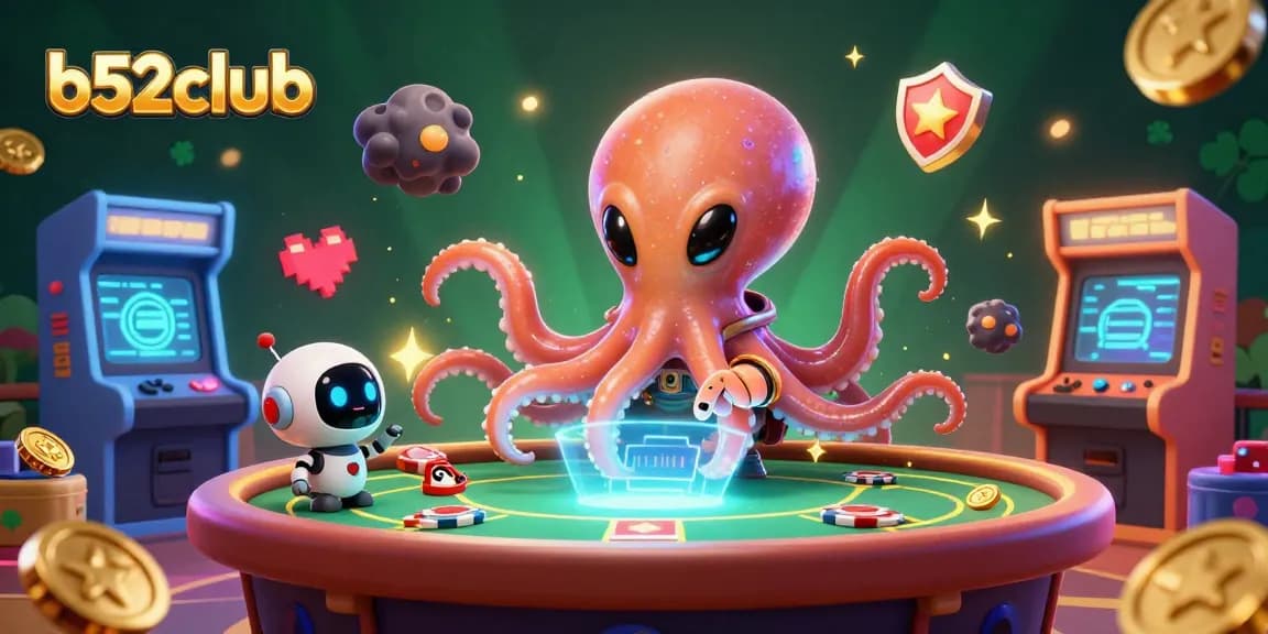 B52club showcases a vibrant scene with a cartoon alien octopus and robot gambling with poker chips, representing online gaming excitement.