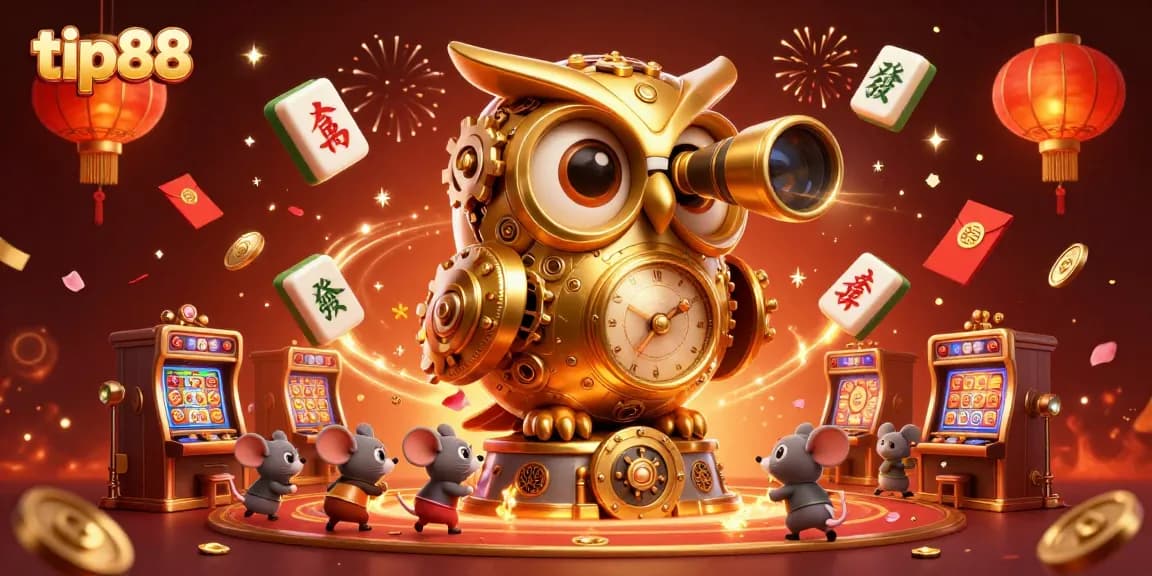 Experience thrilling gaming with tip88 at a vibrant casino scene featuring a golden owl and festive elements.