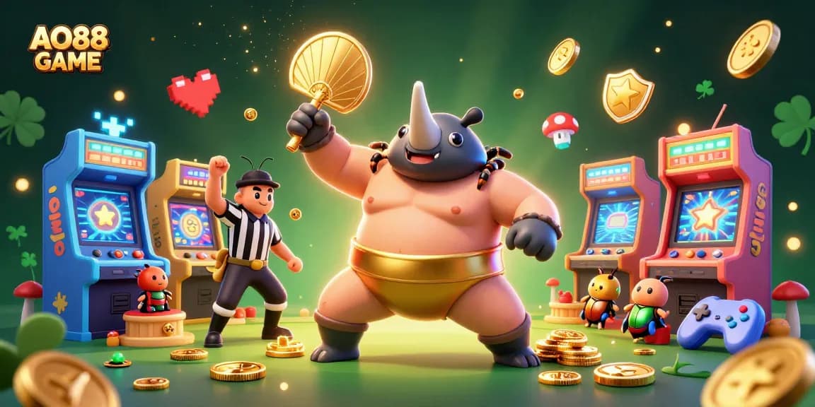 Experience the thrill of AO88 GAME as a champion beetle unleashes golden coins in this vibrant casino scene.