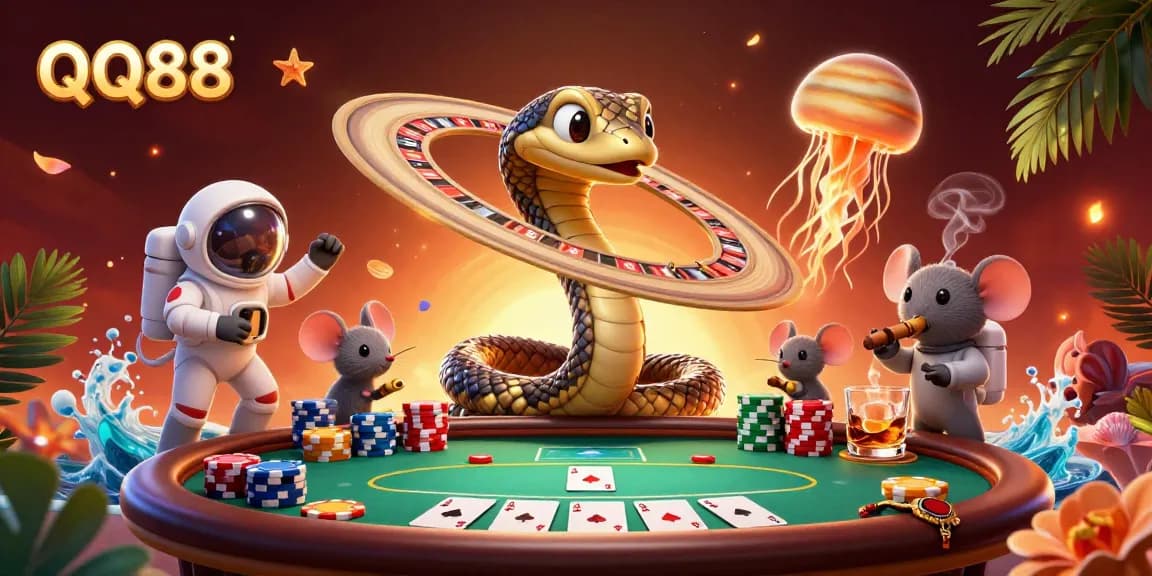 Place bets with QQ88 in a vibrant cosmic casino scene featuring gaming characters.