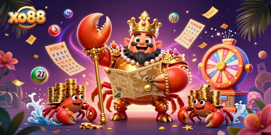 Engage with the vibrant world of xo88, where a majestic crab emperor rules amidst colorful lottery excitement.
