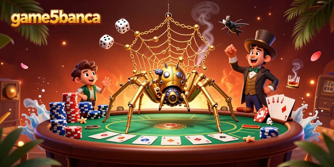 Engage in casino fun with game5banca as a golden spider weaves webs of poker chips.