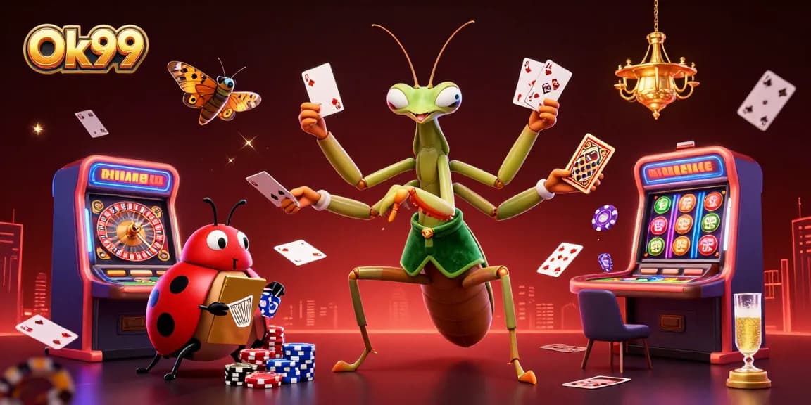 Engage in exciting gambling action at Ok99 with a vibrant 3D illustration of a mantis dealer and a ladybug pit boss.