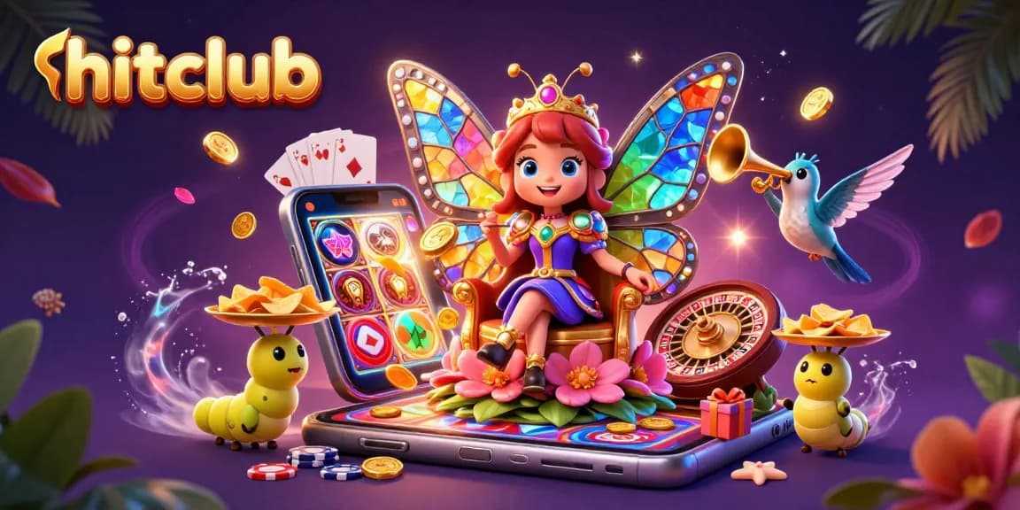 Hitclub showcases vibrant online gaming with the butterfly queen in a rich casino scene filled with excitement.