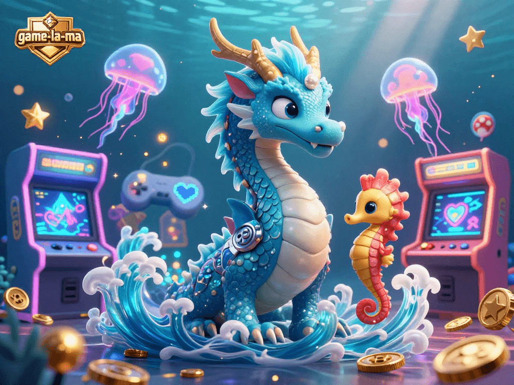 Spin to win at game-la-ma with a stunning 3D casino-themed underwater scene featuring a dragon and seahorse knight.