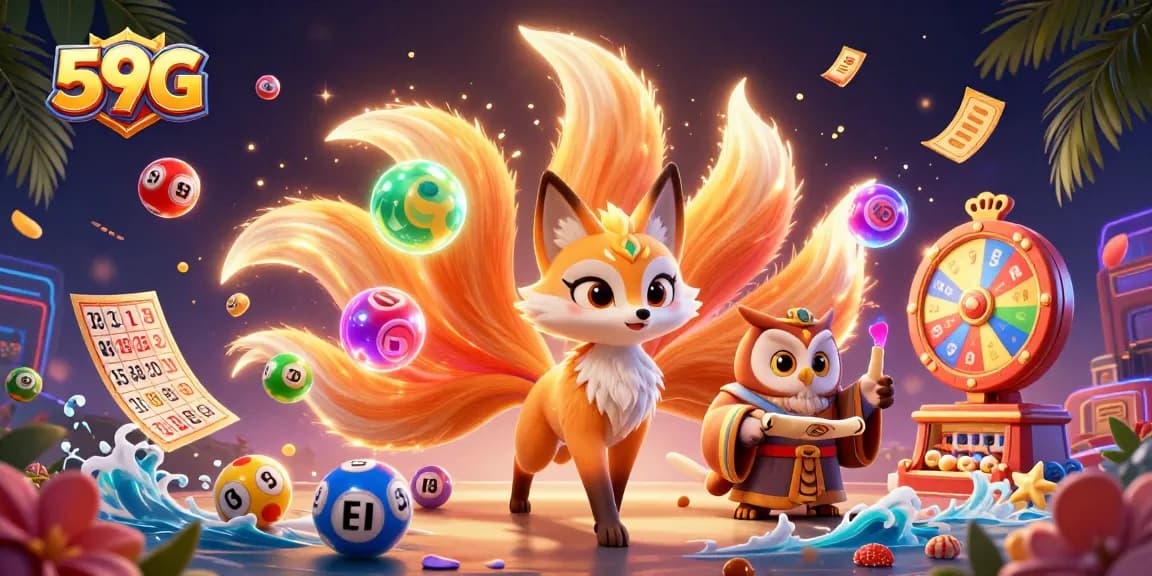 Experience the exciting world of 59G with vibrant lottery elements and a mystical fox.