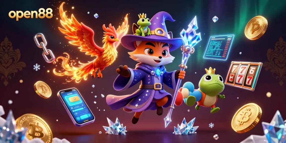 Experience the excitement of open88 with a 3D illustration of a mystical wizard fox and his magical companions amid casino elements.