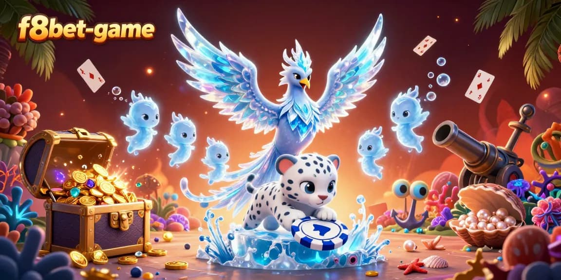 Experience the thrill of f8bet-game where an ice phoenix, snow leopard cub, and glowing ice sprites gather in an enchanting casino world.
