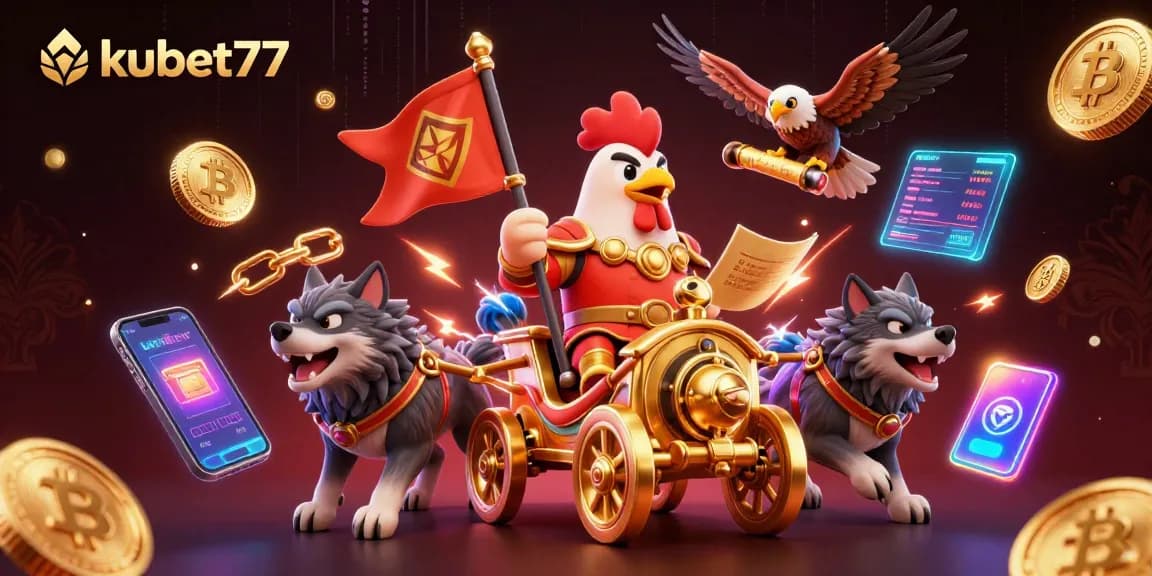 Experience thrilling bets at kubet77 with a vibrant 3D fantasy scene showcasing a rooster warlord.