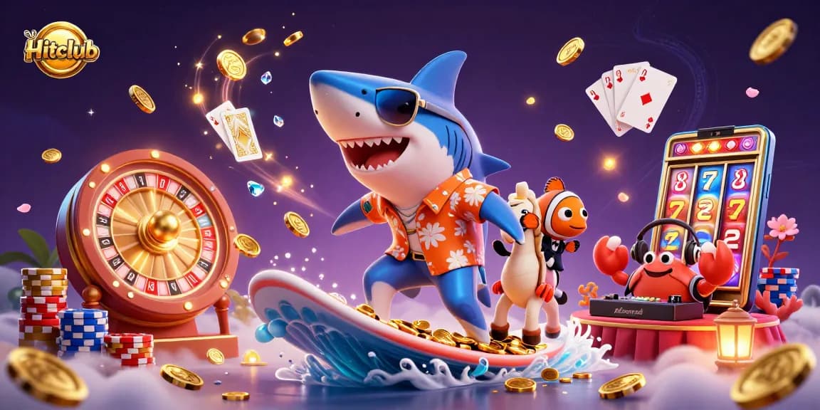 Engage with Hitclub's vibrant casino experience as a shark surfs on gold coins amidst shimmering gems and gaming elements.