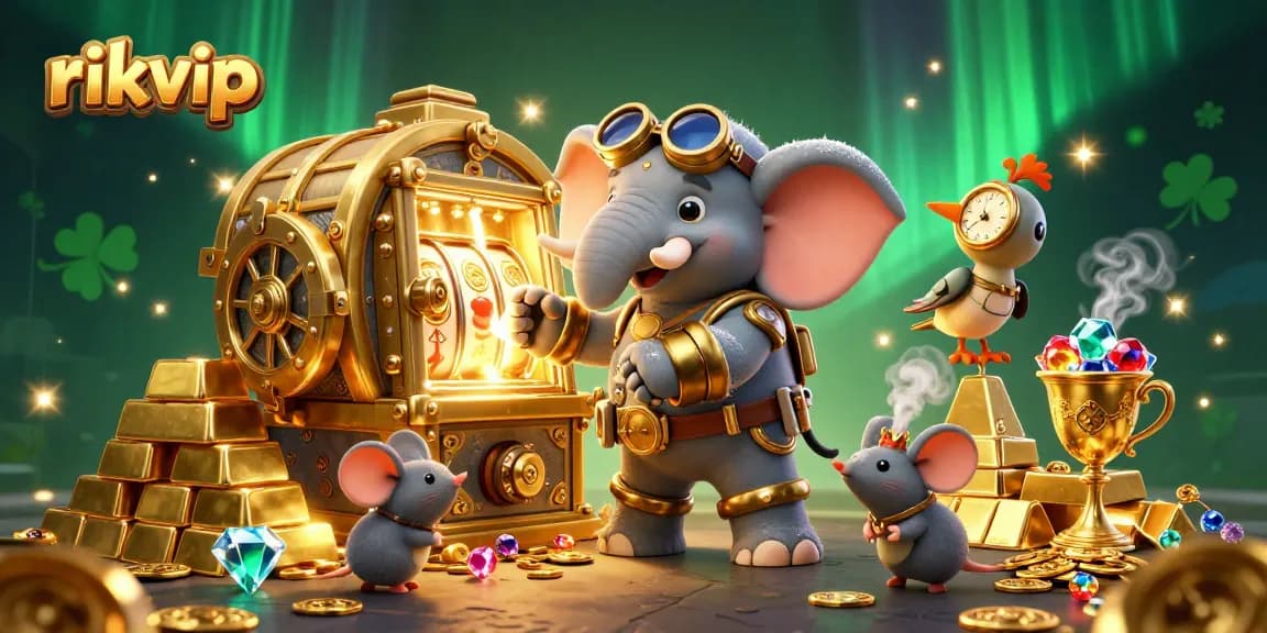 Experience thrilling wins at rikvip as a steampunk elephant spins a golden slot machine with treasure bursting forth.