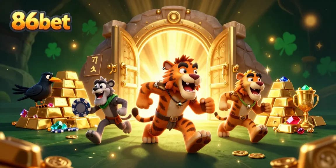 Experience thrilling gaming at 86bet with a vibrant prehistoric casino scene filled with treasures.
