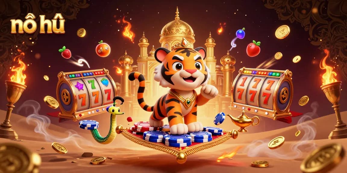 Nổ hũ jackpot scene with a tiger sultan and magical elements in a vibrant 3D illustration.