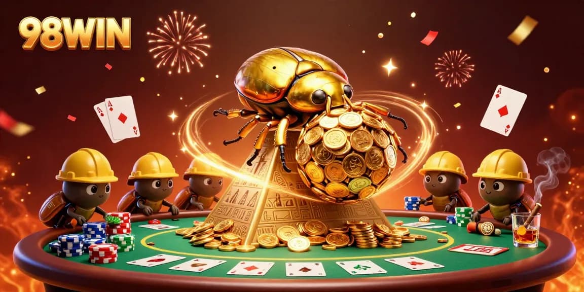 Win big with 98WIN at the vibrant casino illustration featuring golden coins and poker elements.