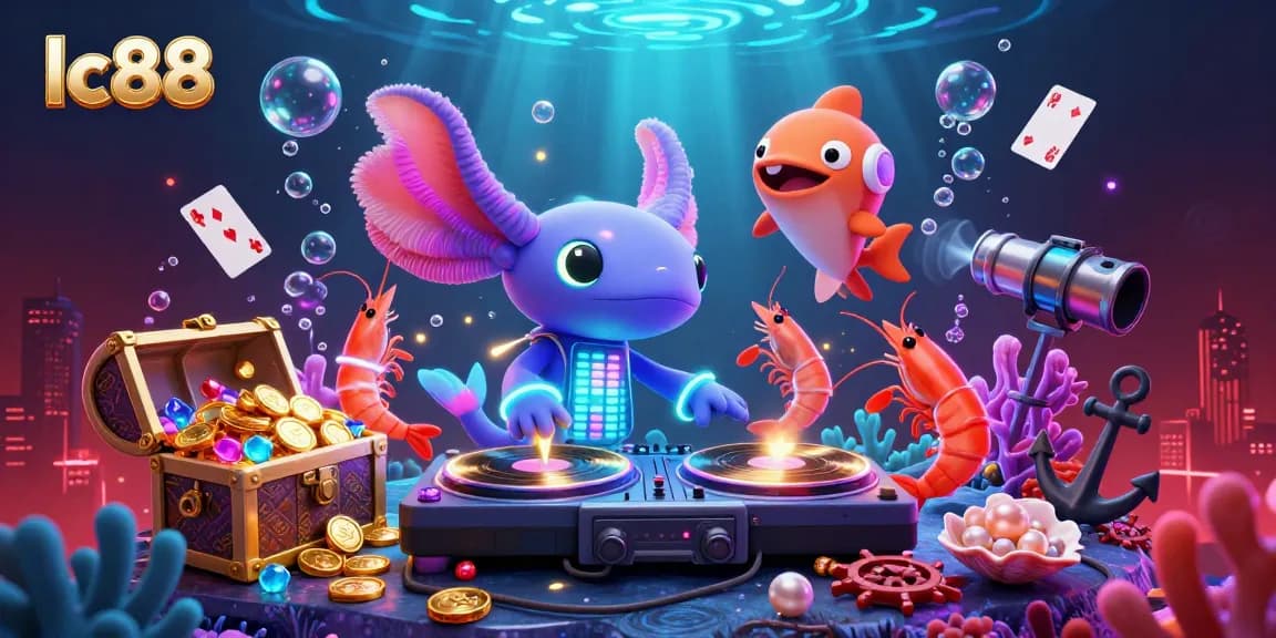 Spin to win at lc88 with vibrant underwater casino scene featuring lively characters and treasure elements.