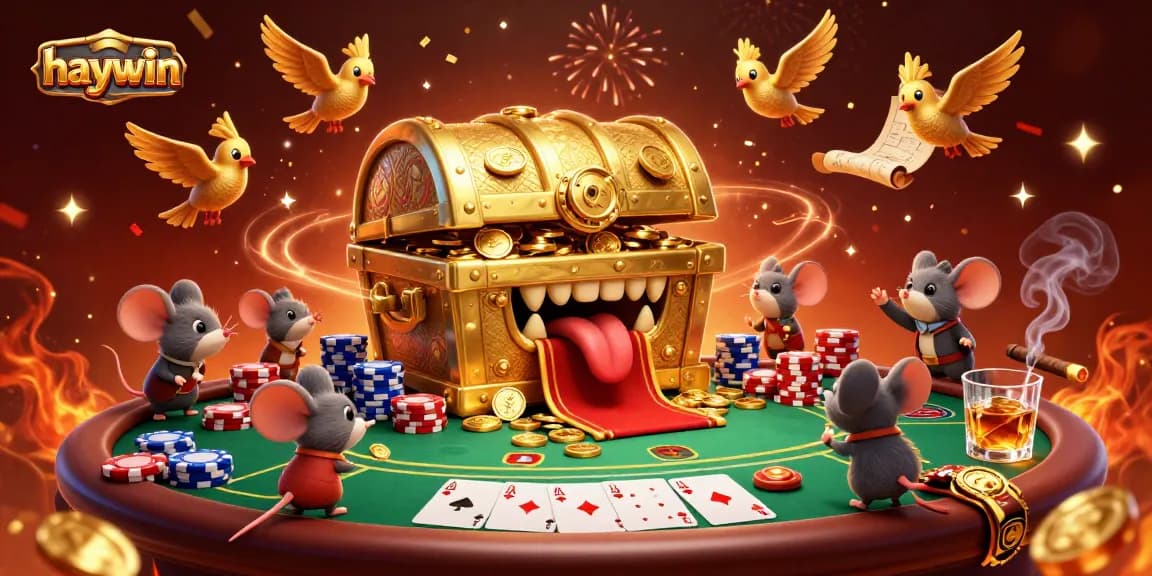 Experience thrill and adventure at Haywin, featuring energetic mice and a treasure chest in a vibrant casino setting.