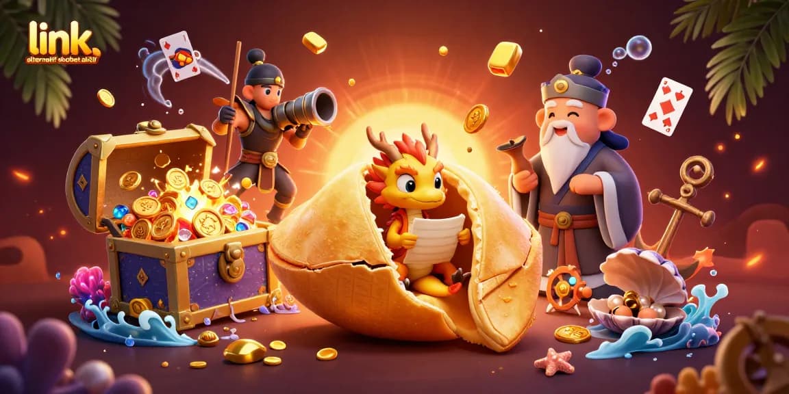 Access the latest link alternatif sbobet aktif with a dynamic, engaging illustration of a golden fortune cookie scene.