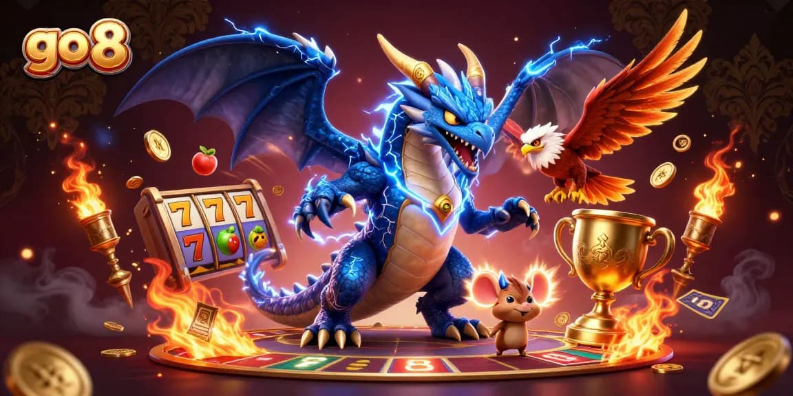 Engage in thrilling jackpots and vibrant gameplay with go 8's colorful casino scene of dragons and dynamic elements.