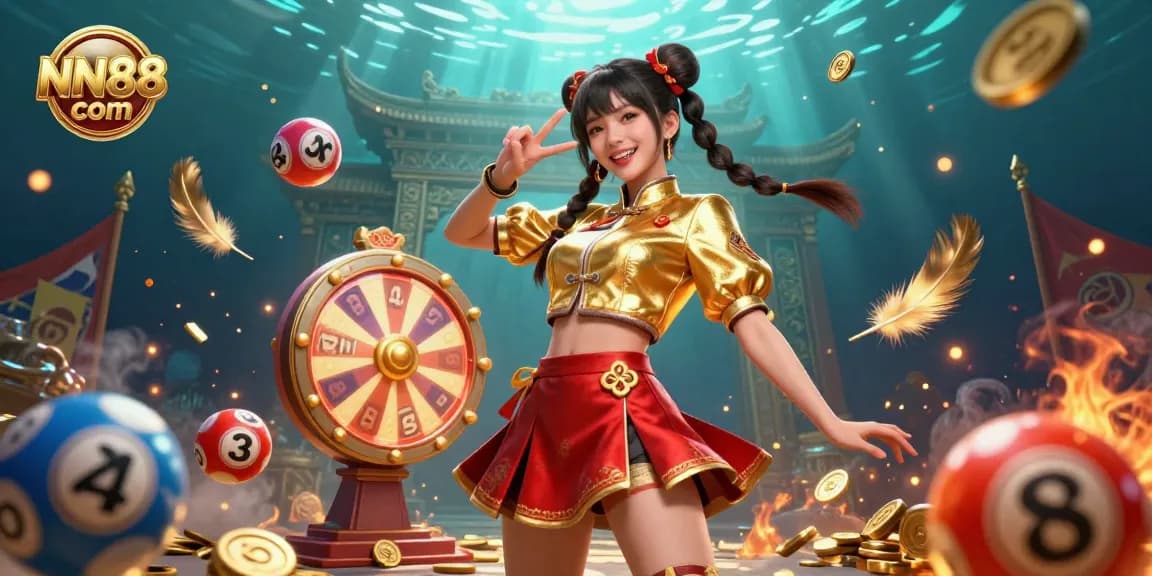 Experience excitement at NN88 com with a vibrant casino scene featuring colorful lottery balls and a spinning prize wheel.
