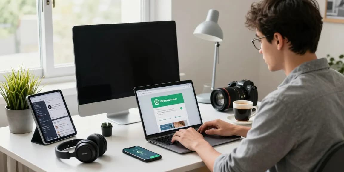 WhatsApp下載 in a contemporary home office, showcasing tech gadgets and a laptop with WhatsApp download page.