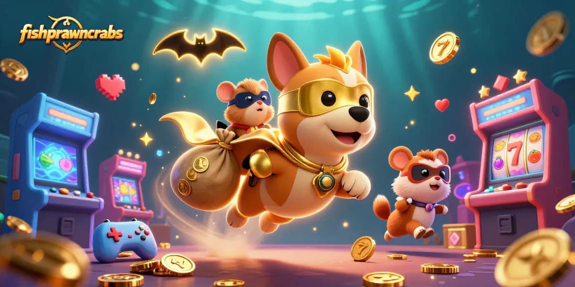 Engage in fishprawncrabs with a superhero dog and hamster amidst vibrant slot gaming chaos.