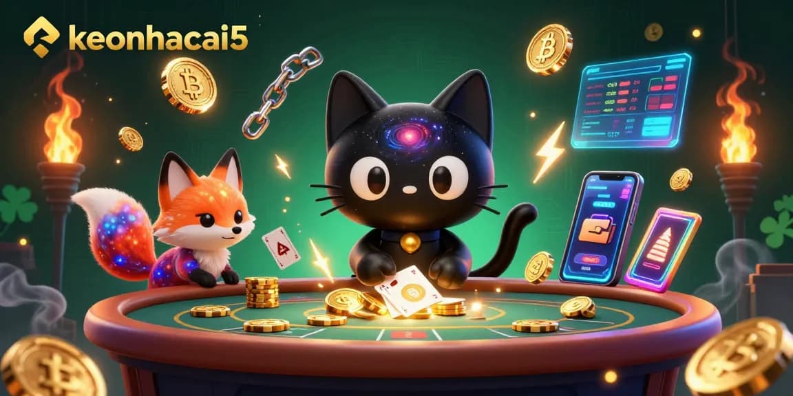 Experience the magic of keonhacai5 with a cosmic casino cat and vibrant cryptocurrency elements, enhancing your gaming adventure.