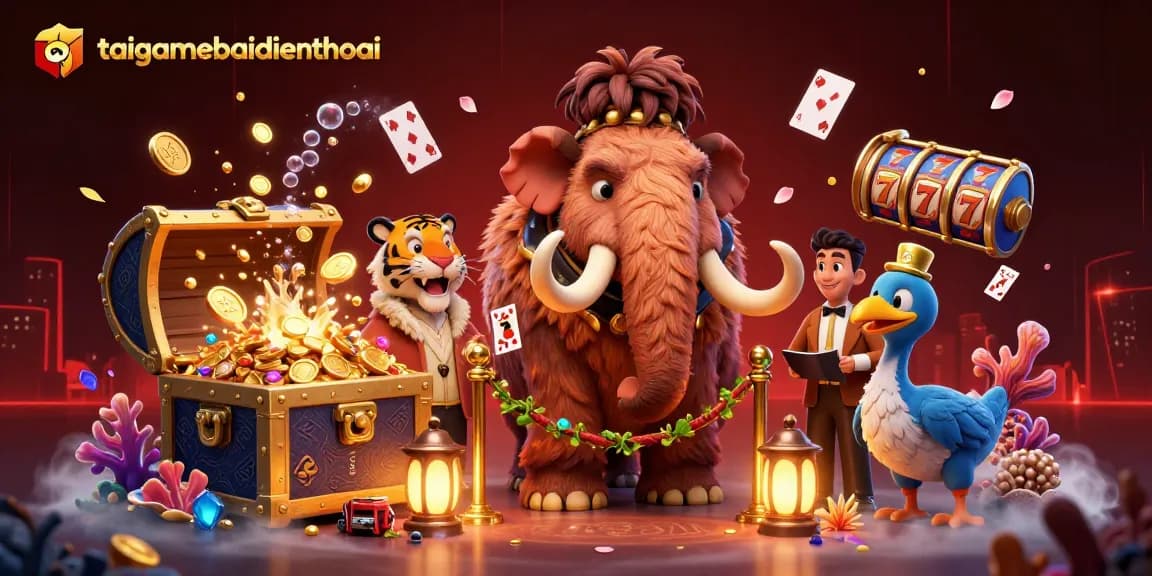 Experience taigamebaidienthoai with a vibrant scene of characters at a casino entrance filled with magical gaming elements.