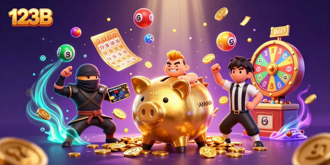 Play exciting games at 123B with colorful lottery balls and vibrant casino elements.