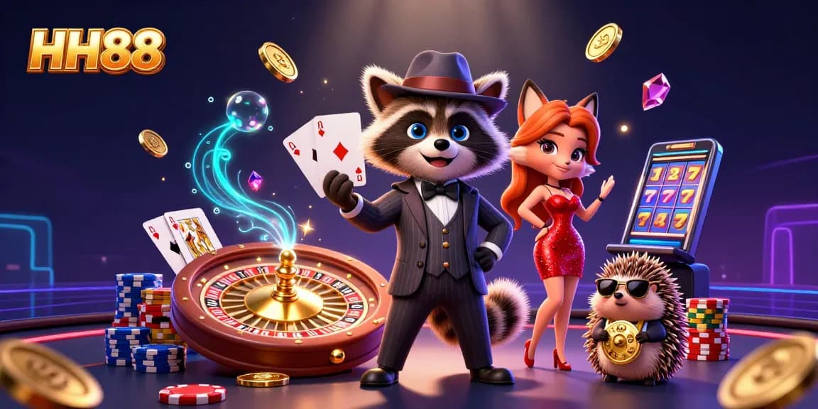 Spin to win at HH88 with a suave raccoon, dazzling fox, and vibrant gaming elements.