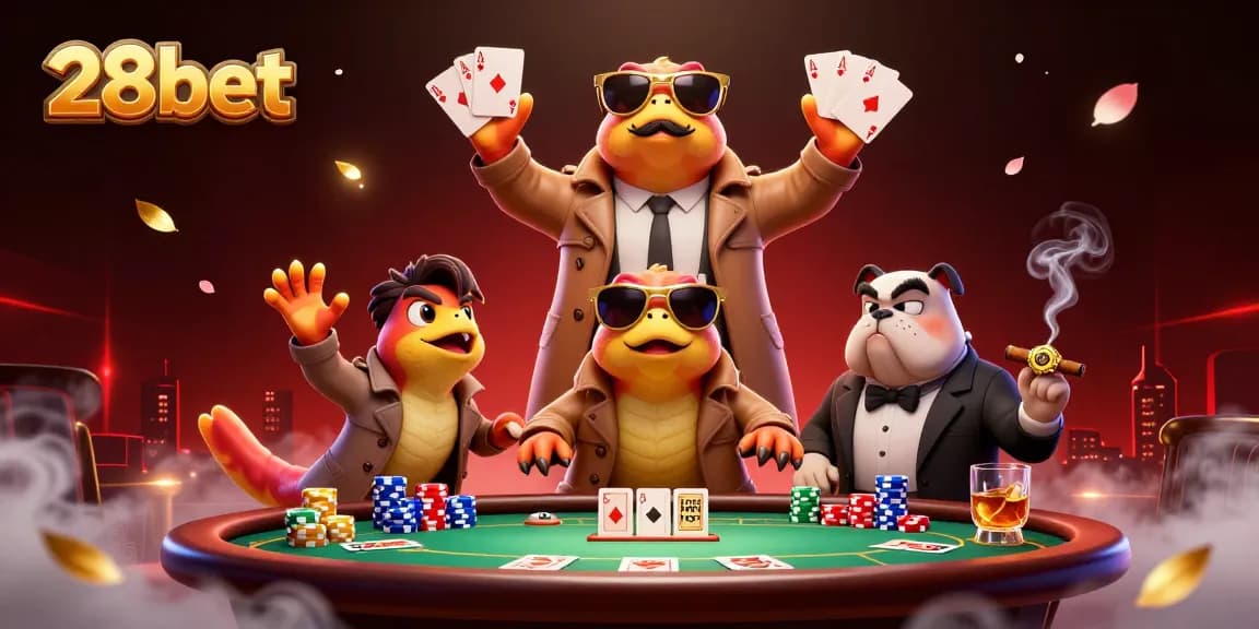 Experience the thrilling atmosphere of 28bet with raptors and a suspicious bulldog in a VIP casino scene.
