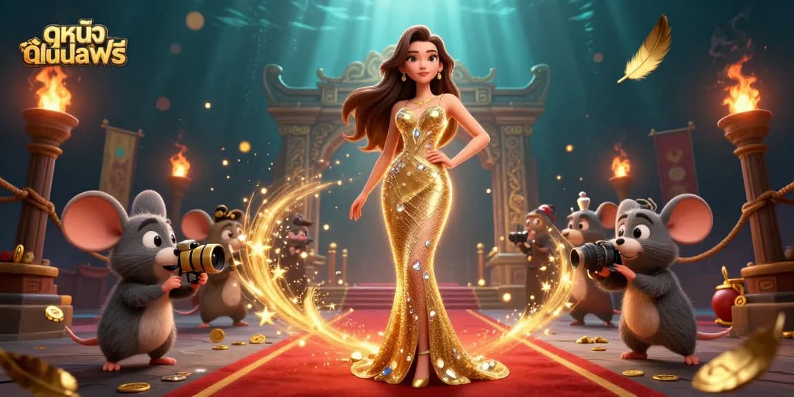 Engage with ดูหนังออนไลน์ฟรี featuring a glamorous scene of a woman in a golden gown at a casino.
