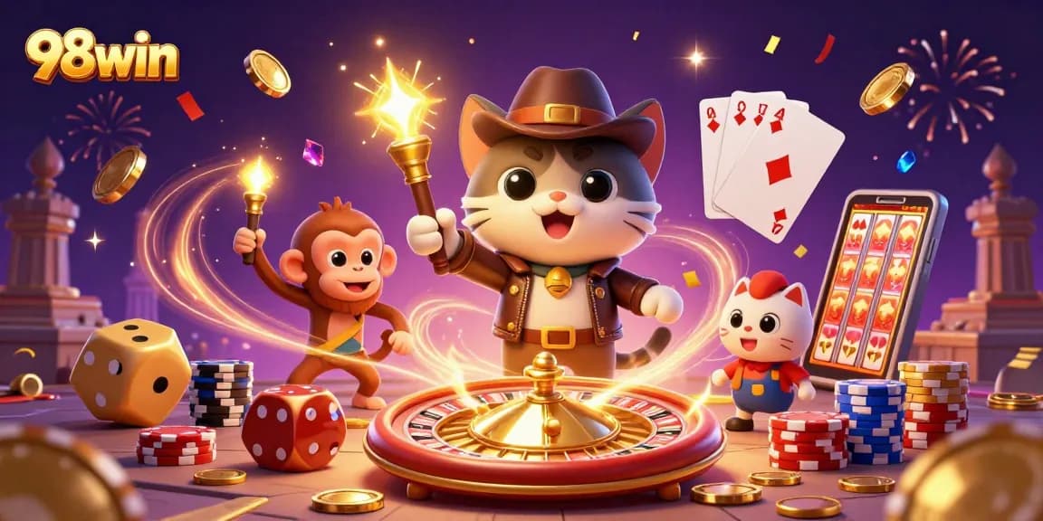 Explore thrilling gaming adventures on 98win with vibrant illustrations of treasure and excitement.