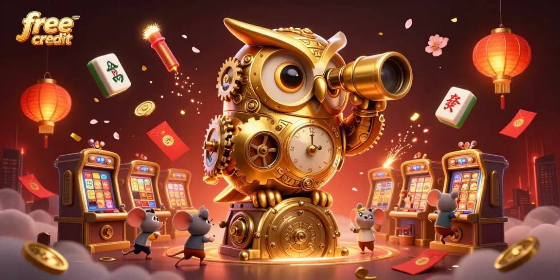 Experience free credit game bonuses with a golden owl overseeing a vibrant casino floor.