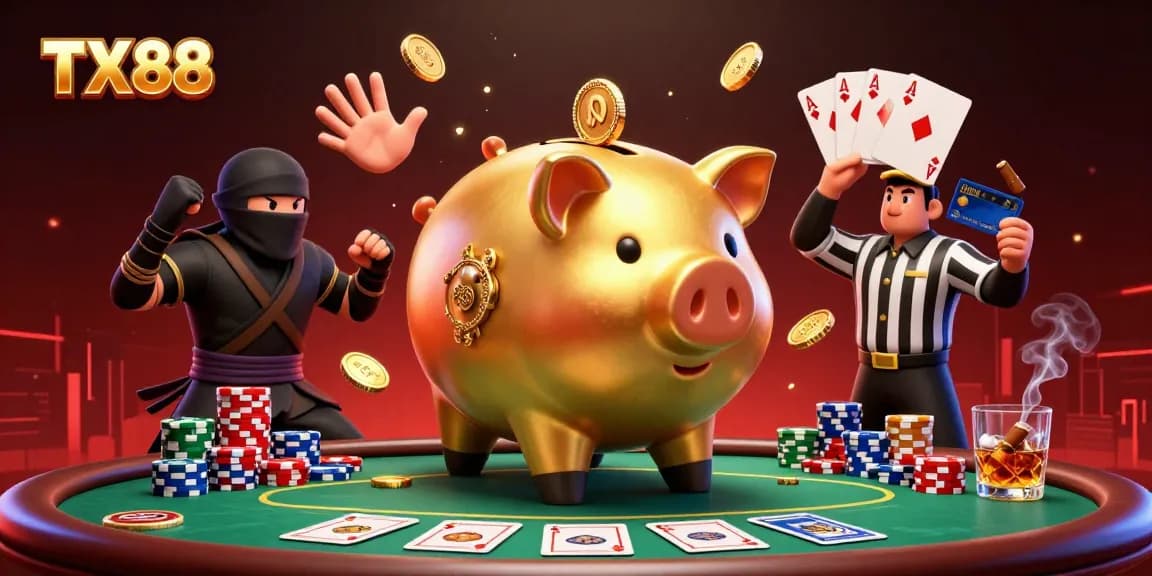 Engage with TX88 lively scene featuring a sumo wrestler piggy bank releasing coins amid exciting poker elements.