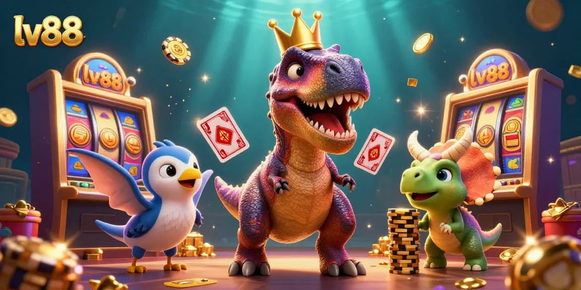 Players at lv88 enjoy epic wins with T-Rex card shuffling in a vibrant casino scene.