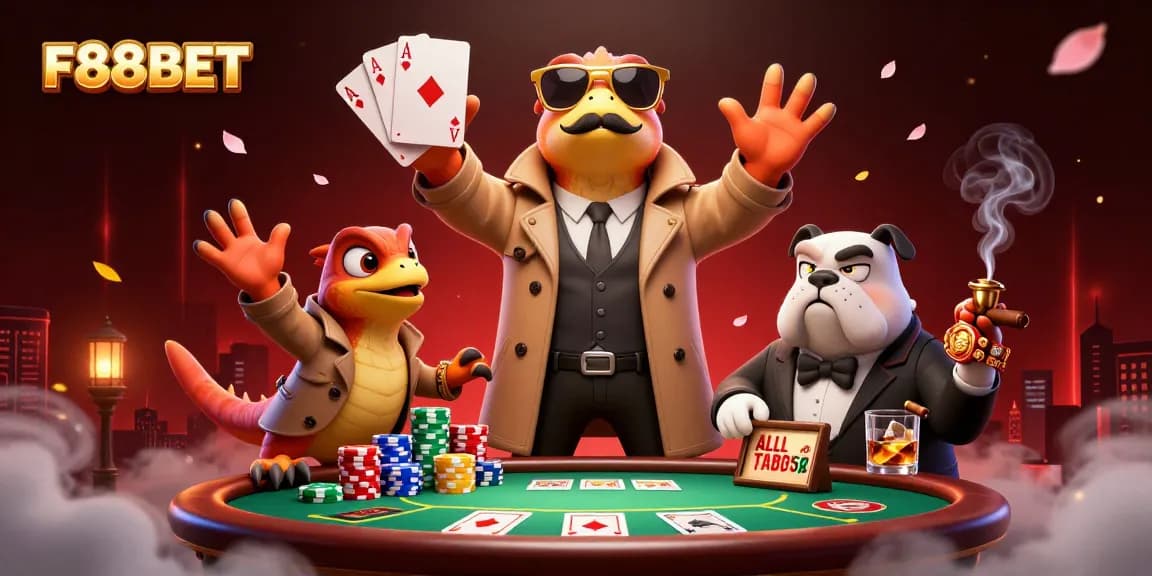 Enjoy thrilling poker action at F88BET with cartoon raptors entering a VIP lounge.