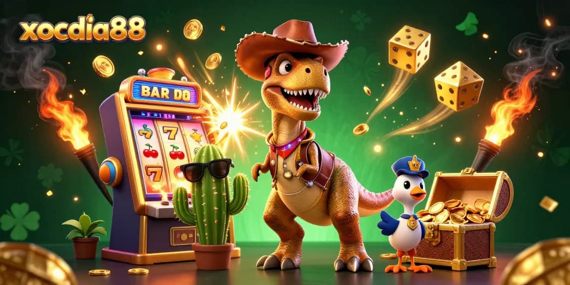 Xocdia88 sparks excitement with a cartoon T-Rex cowboy and friends beside a jackpot slot machine bursting coins.