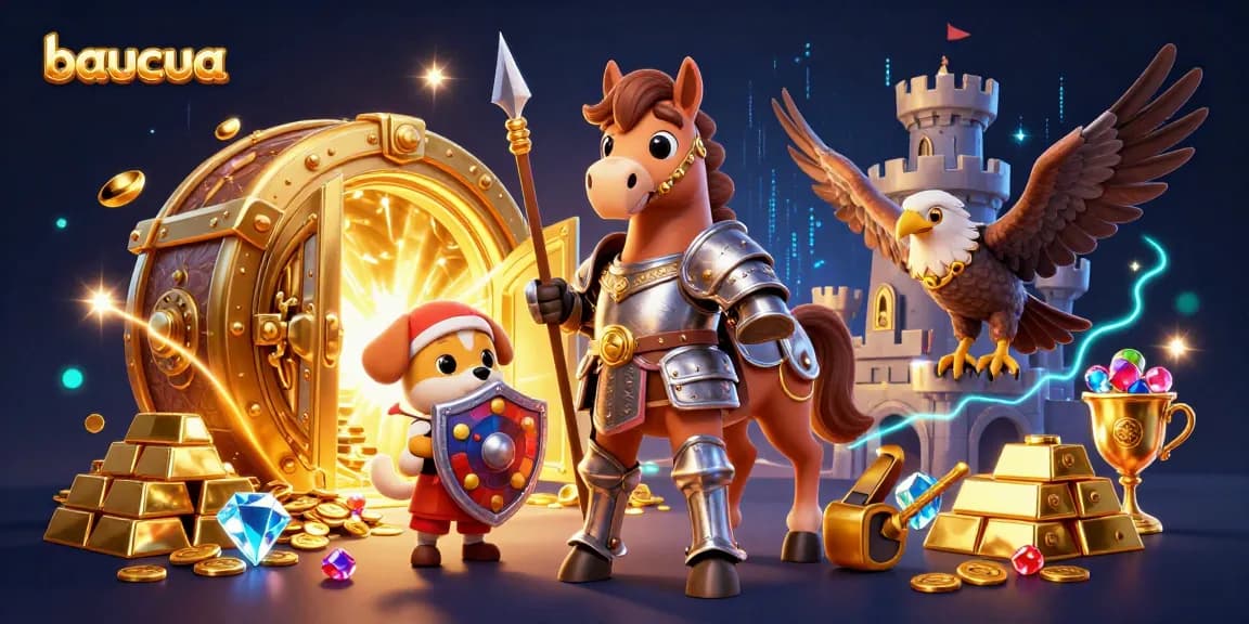 Baucua players engage with vibrant 3D knight and puppy characters amidst treasure and gems.