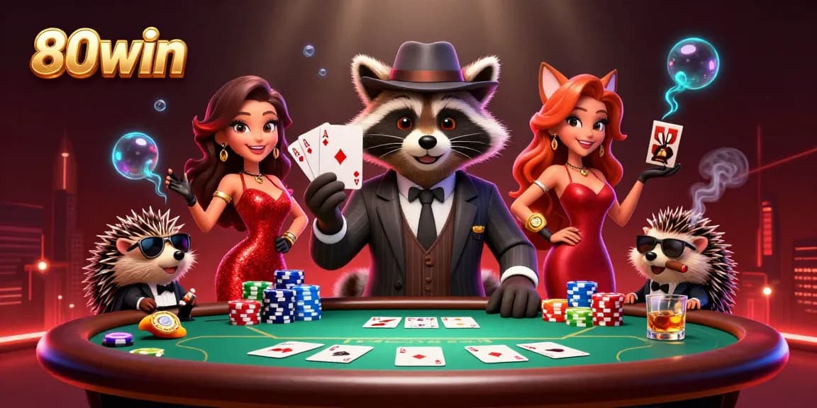 Win big at 80win with this vibrant illustration showcasing poker excitement and lively characters.