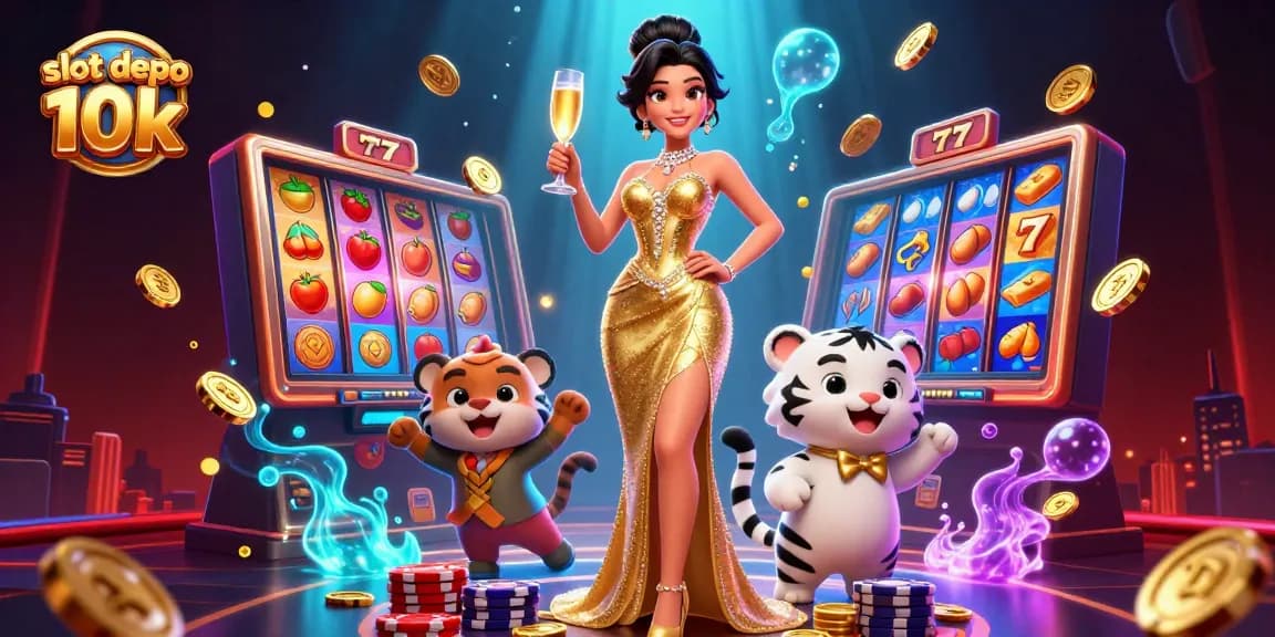 Engage with the thrilling slot depo 10k experience featuring a glamorous woman and a lucky tiger, showcasing casino excitement.