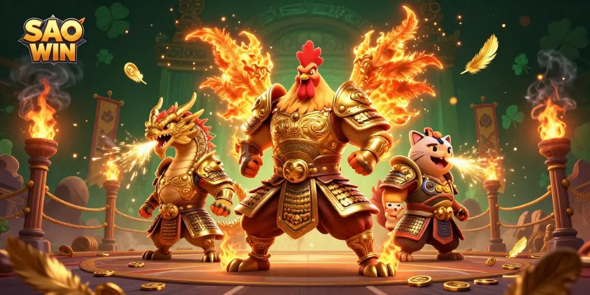 Experience SAO WIN with a fierce rooster warrior and dragon in an epic gambling arena.