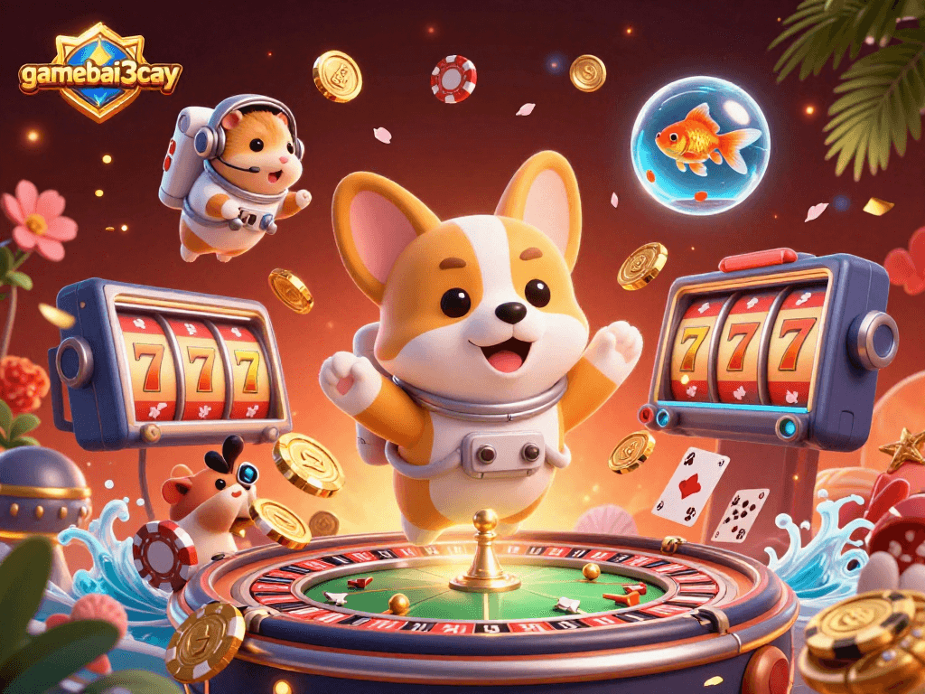 gamebai3cay showcases a vibrant casino scene with a 3D corgi astronaut and exciting gaming elements.