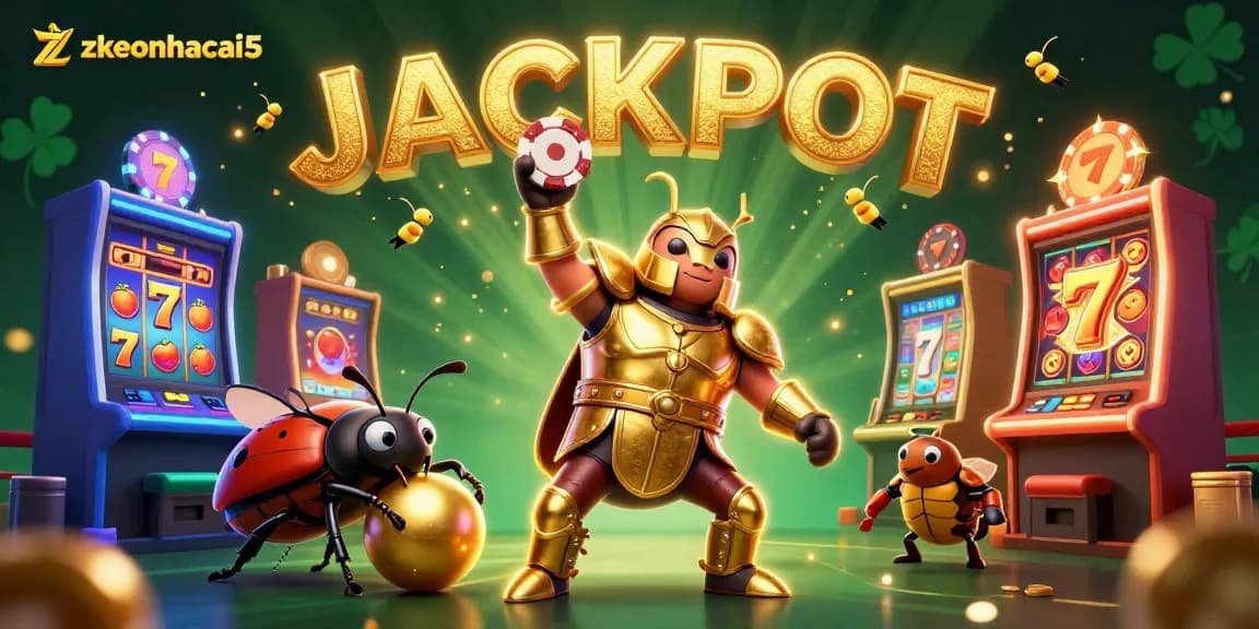 Experience the excitement of zkeonhacai5 with a victorious beetle celebrating a jackpot in a vibrant casino setting.