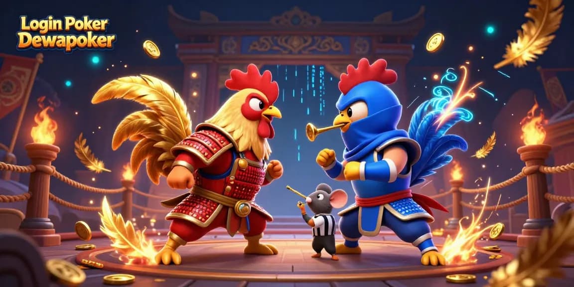 Engage with Login Poker Dewapoker through an exciting battle between cartoon roosters in a vibrant setting.
